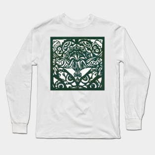 Watchers and Eyes Tangle Lino Cut Dk Olive Green Monoprint Long Sleeve T-Shirt